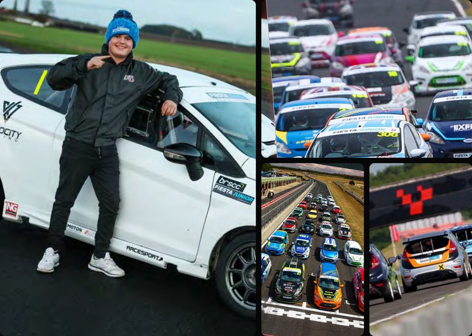 Rhys Owen with his Fiesta Junior race car, alongside grid, lineup and Snetterton racing shots